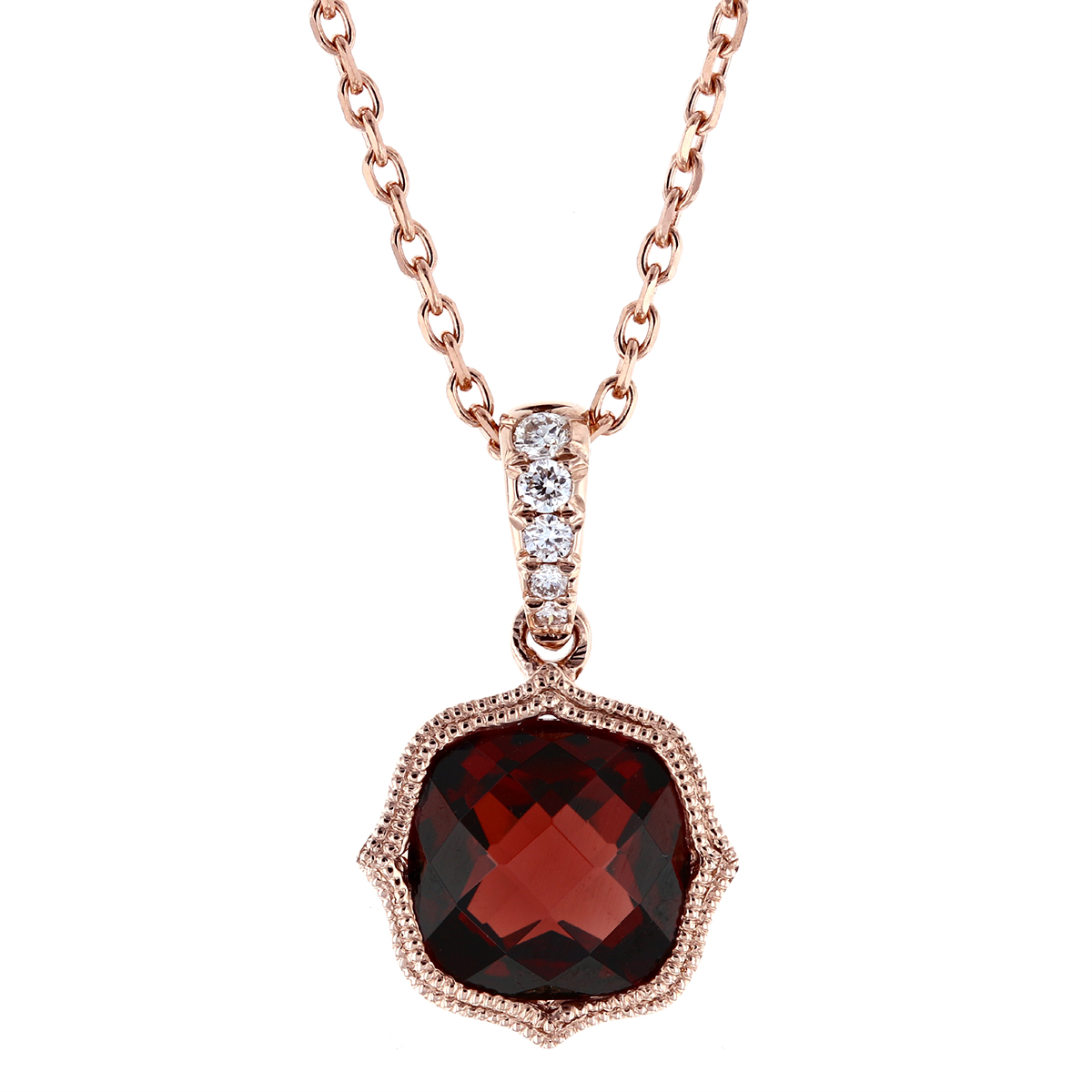 14K Rose Gold Cushion Garnet & Diamond Milgrain Quatrefoil Pendant, 18