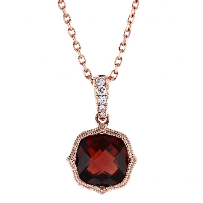 14K Rose Gold Cushion Garnet & Diamond Milgrain Quatrefoil Pendant, 18"