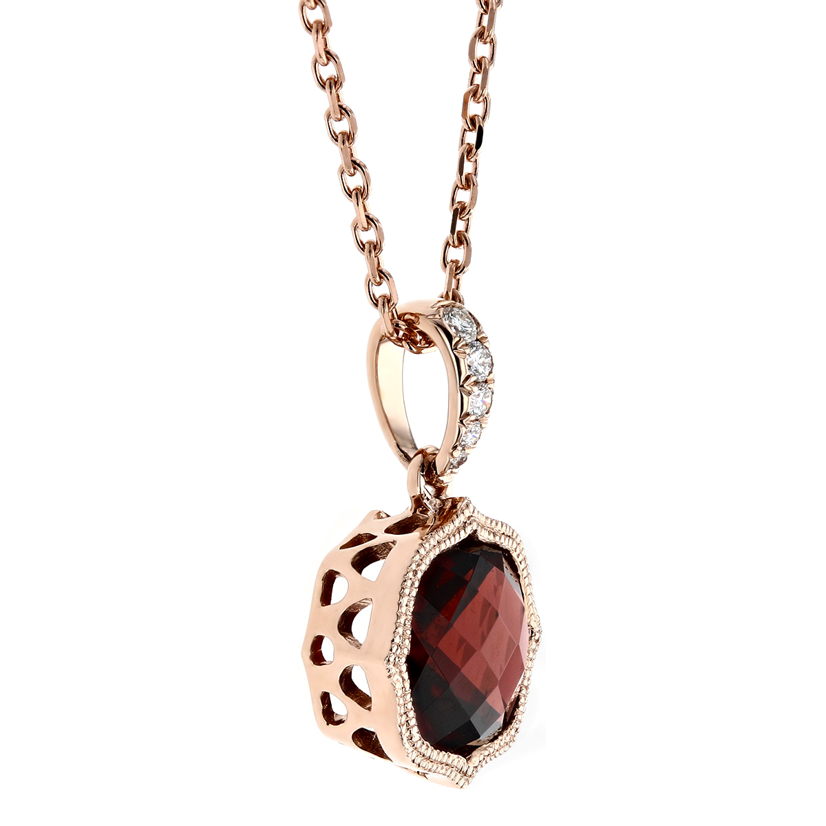 14K Rose Gold Cushion Garnet & Diamond Milgrain Quatrefoil Pendant, 18