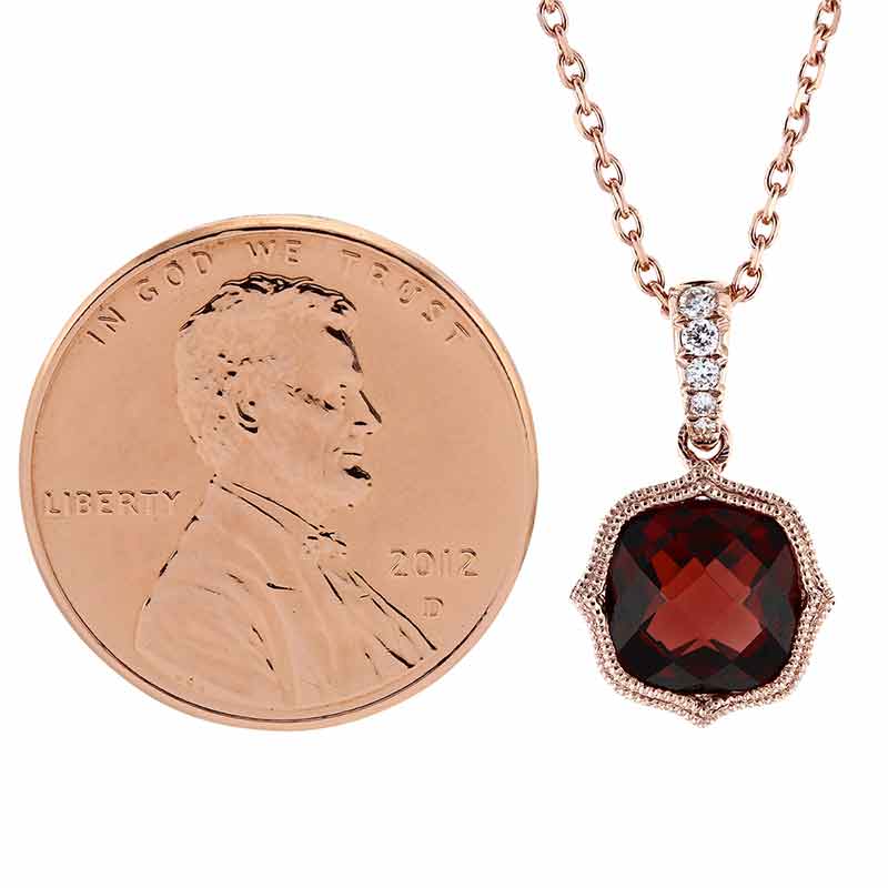 14K Rose Gold Cushion Garnet & Diamond Milgrain Quatrefoil Pendant, 18