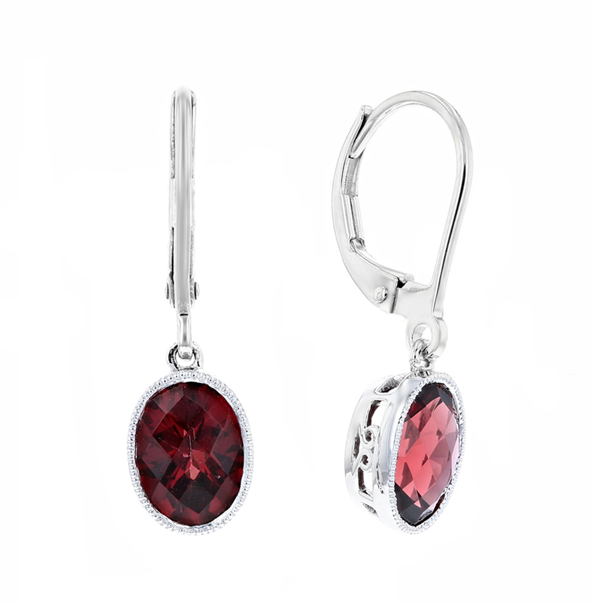 14K White Gold Oval Checkerboard Garnet Milgrain Drop Earrings