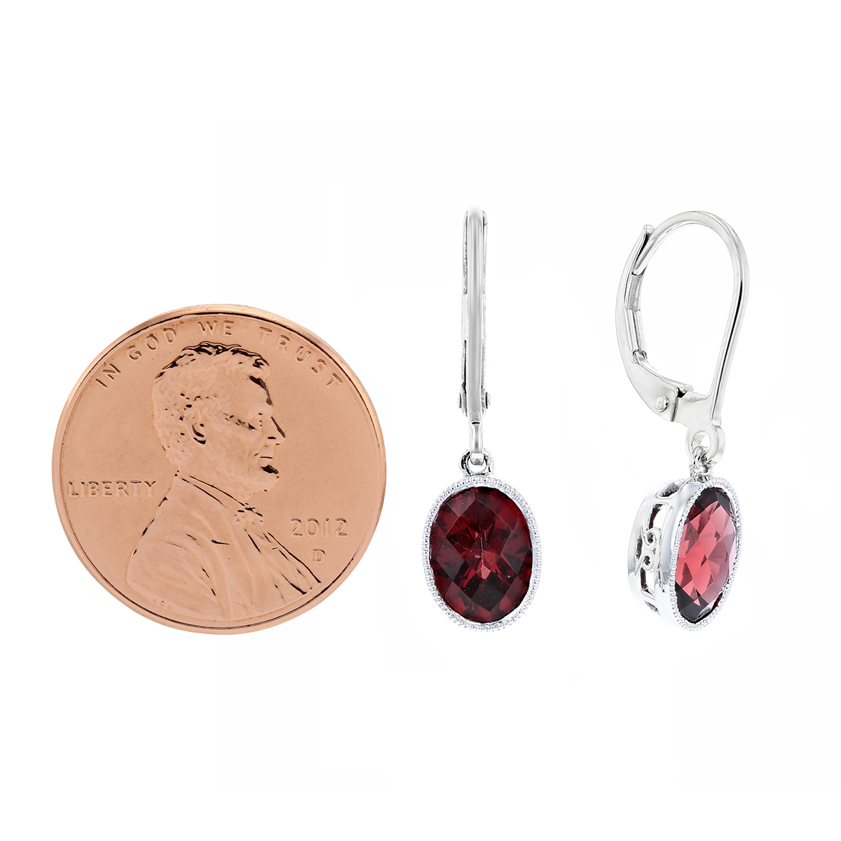 14K White Gold Oval Checkerboard Garnet Milgrain Drop Earrings