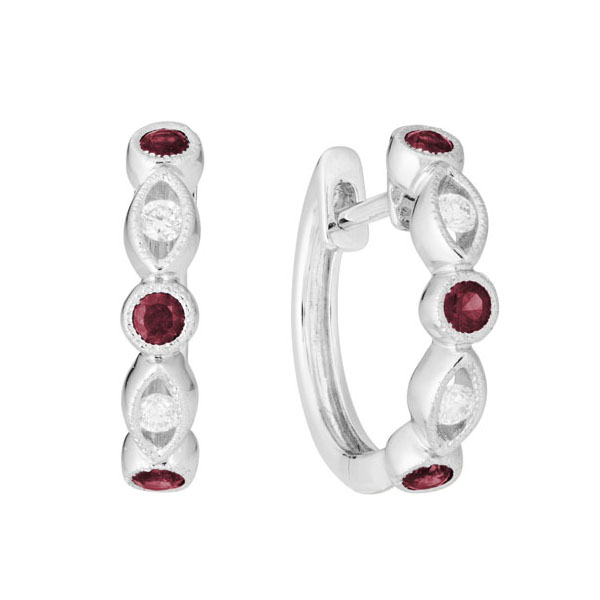 Garnet & Diamond Round & Navette Pattern Huggie Hoop Earrings in White Gold