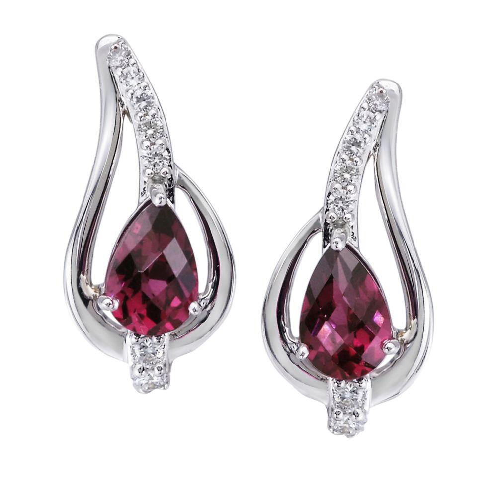 Pear Shaped Rhodolite Garnet & Diamond Open Teardrop Earrings in White Gold