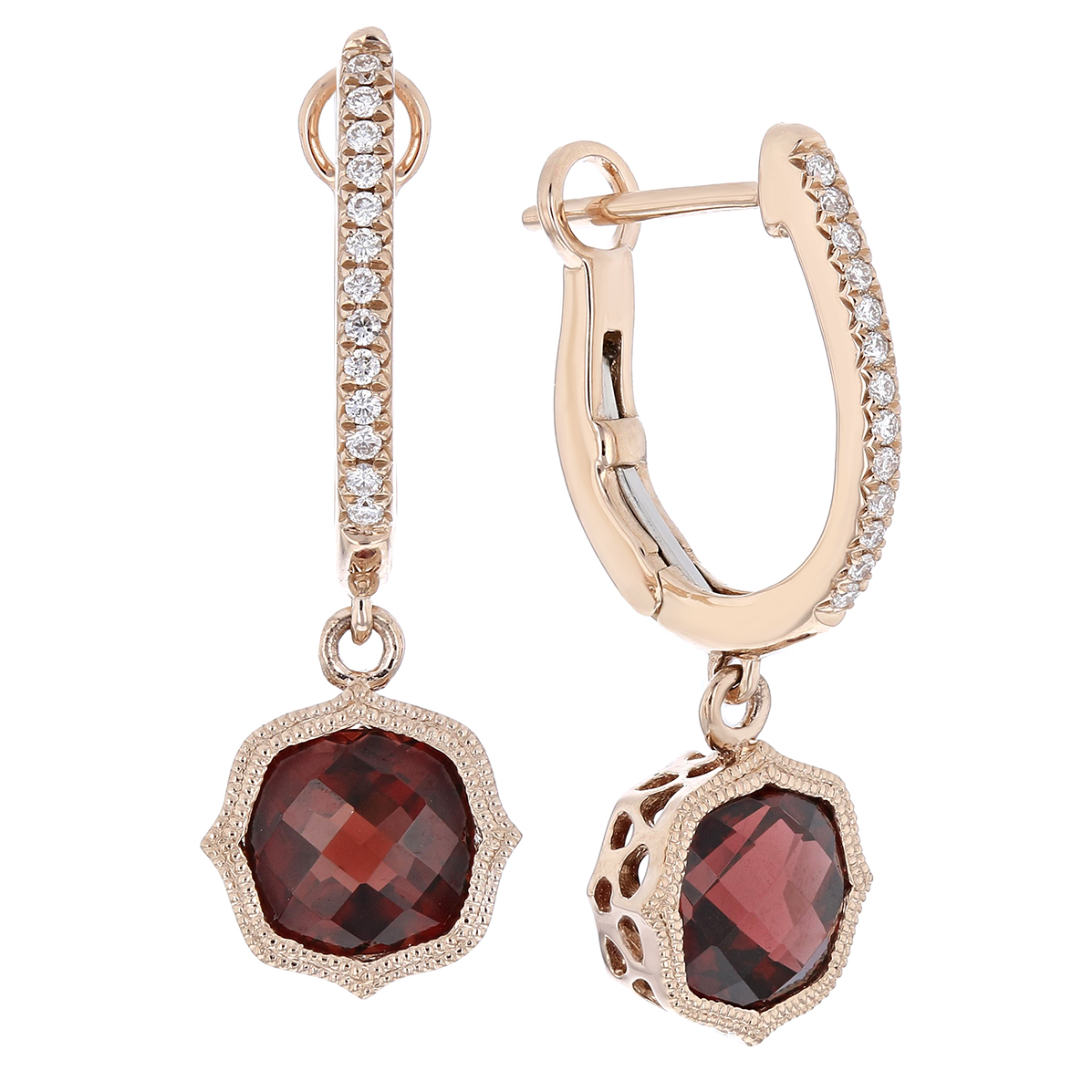 14K Rose Gold Cushion Garnet & Diamond Milgrain Quatrefoil Dangle Earrings