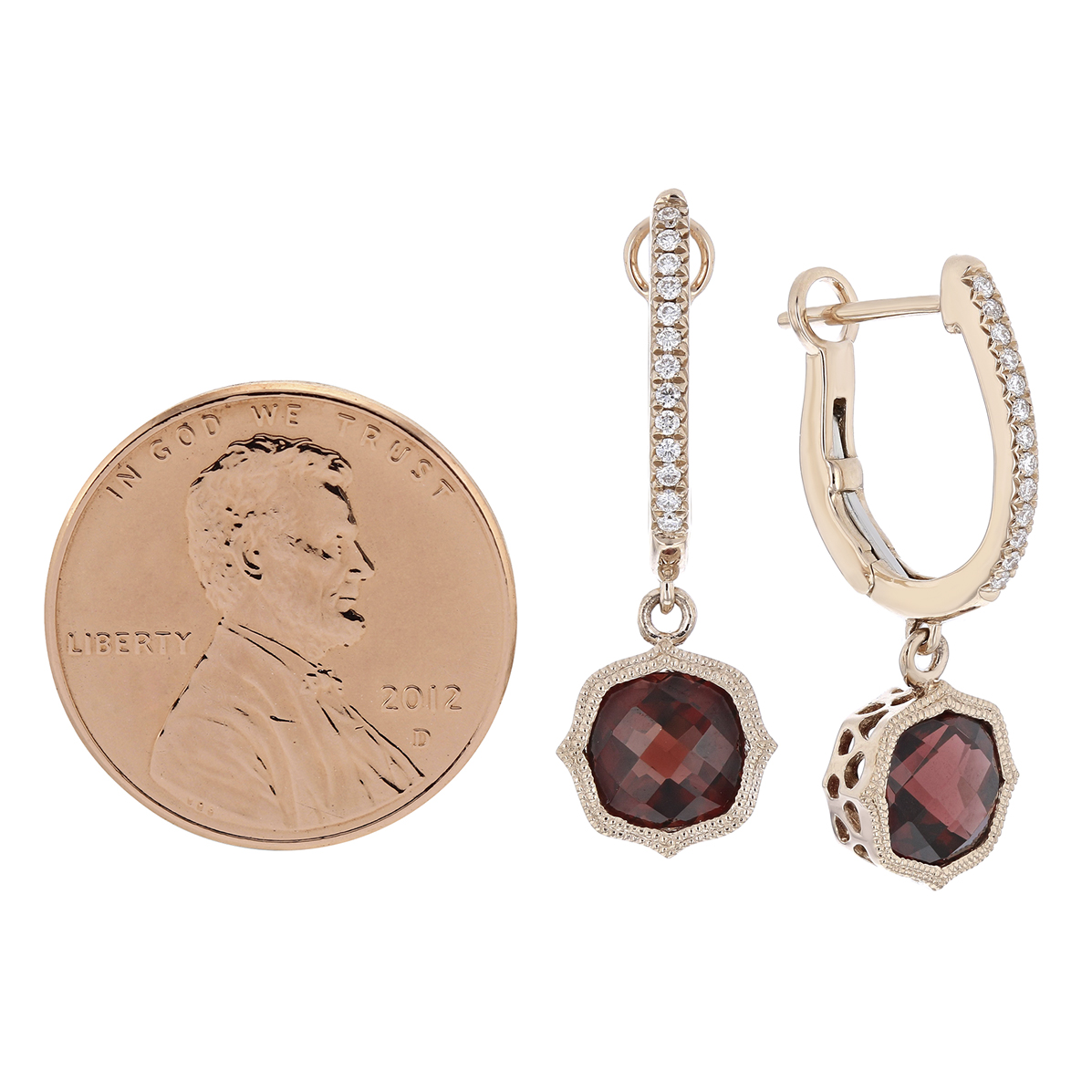 14K Rose Gold Cushion Garnet & Diamond Milgrain Quatrefoil Dangle Earrings