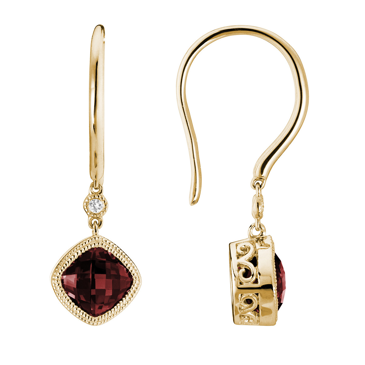 14K Yellow Gold Checkerboard Cushion Garnet & Diamond Milgrain Drop Earrings