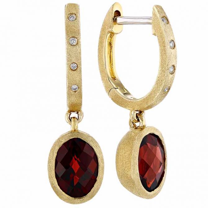Oval Garnet Dangle Earrings with Diamond Huggie Hoops in Brushed Yellow Gold