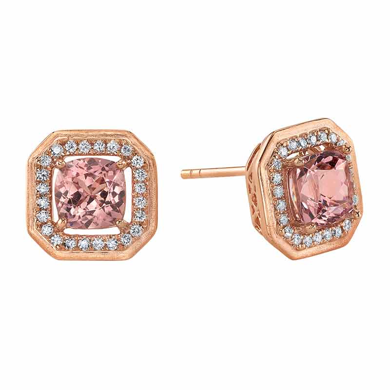 Cushion Lotus Garnet & Diamond Halo Post Earrings in Rose Gold