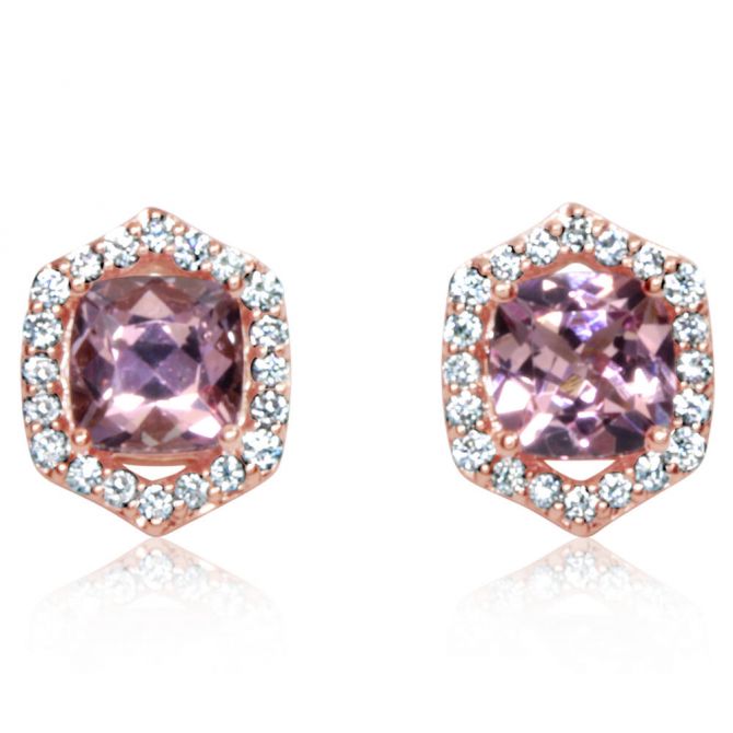 Cushion Lotus Garnet & Diamond Hexagon Halo Post Earrings in Rose Gold