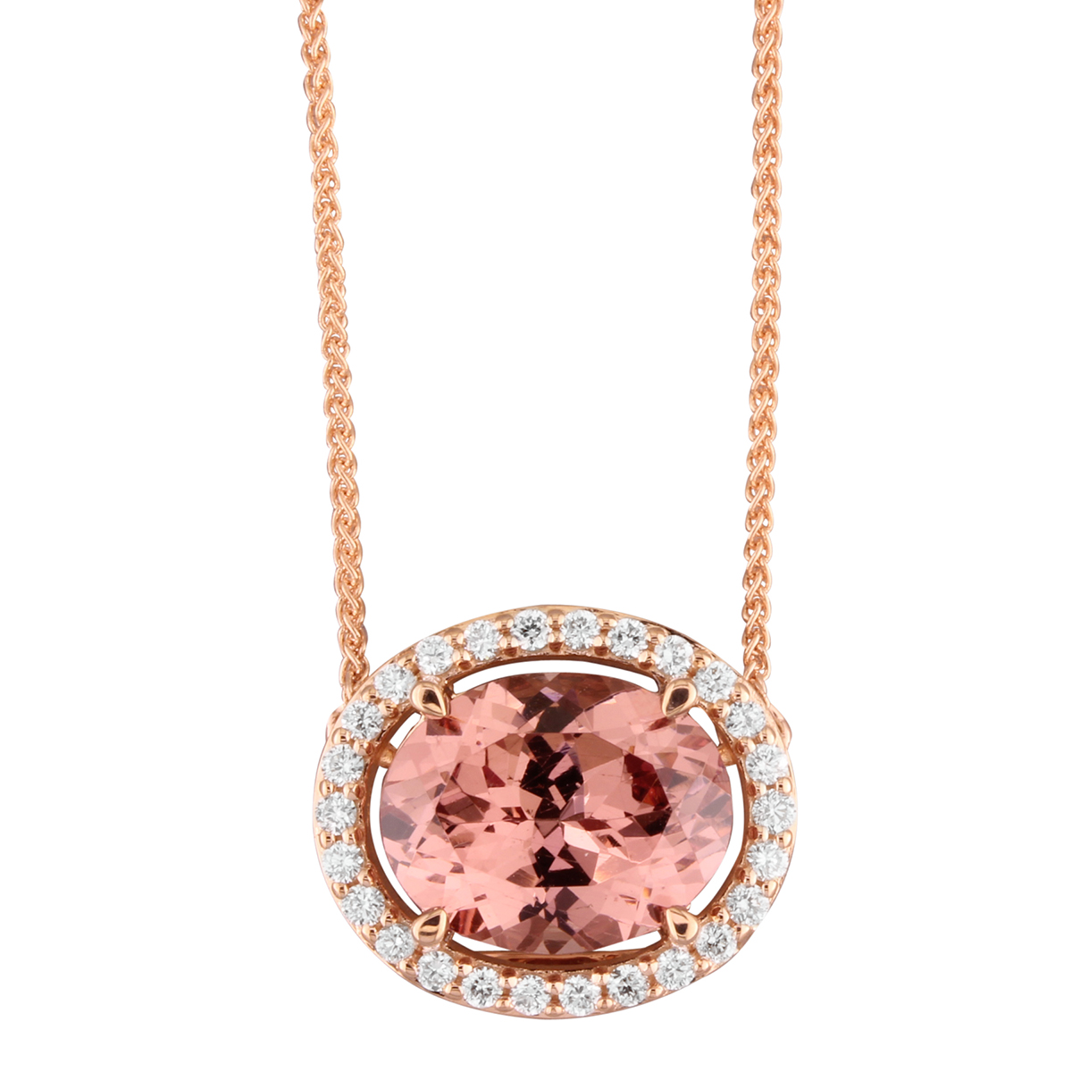 Oval Pink Garnet & Diamond Halo Pendant in Rose Gold, 18