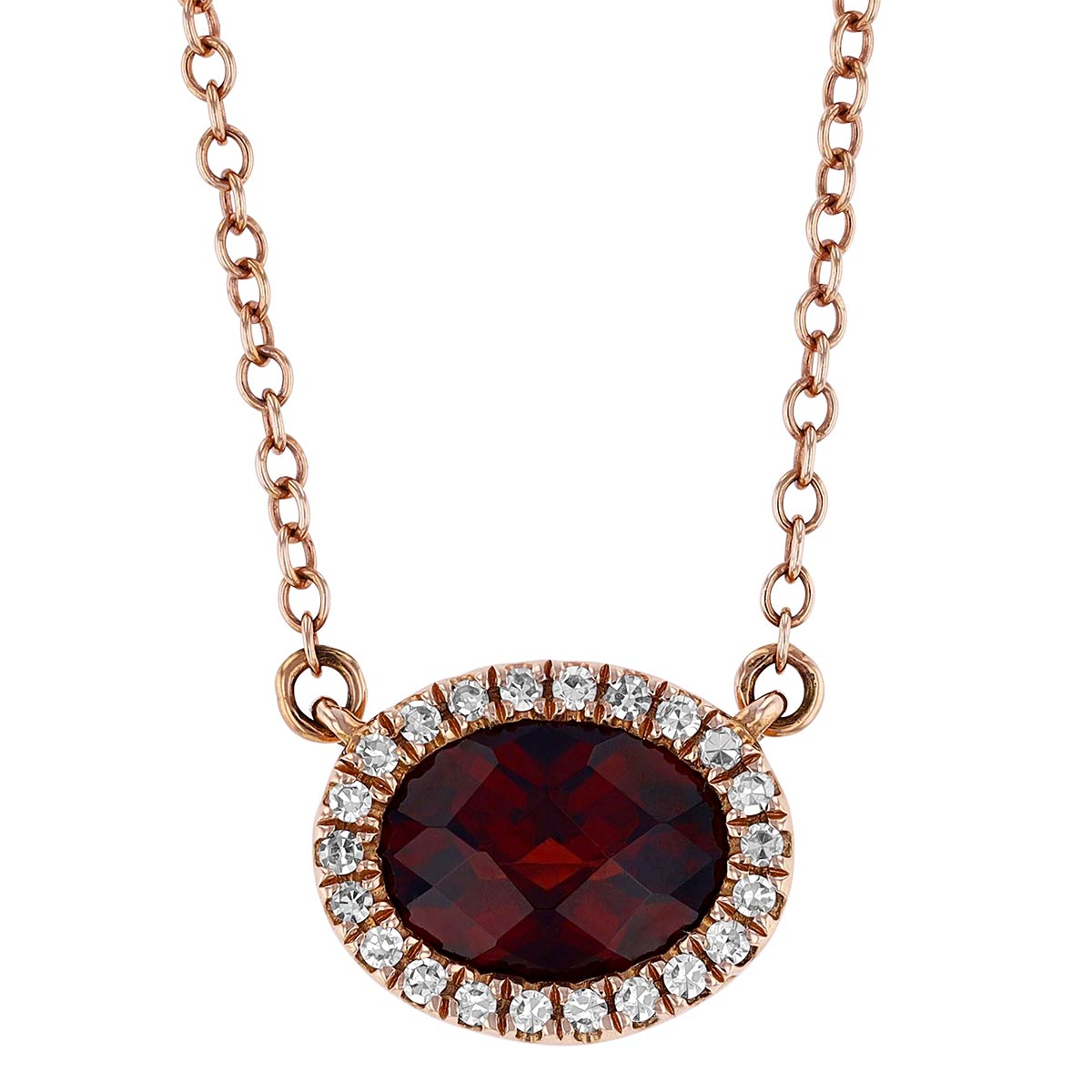 Oval Garnet & Diamond Halo Necklace in Rose Gold, 18