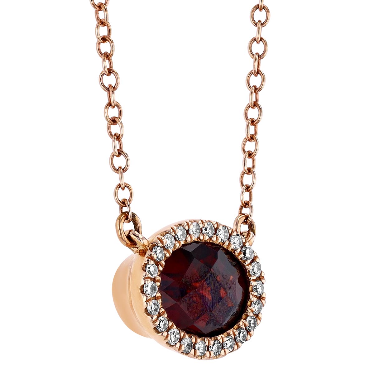 Oval Garnet & Diamond Halo Necklace in Rose Gold, 18