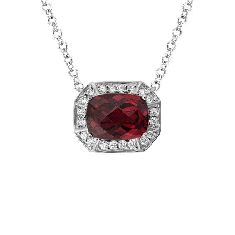 Cushion Garnet & Diamond Halo Octagon Necklace in White Gold, 18