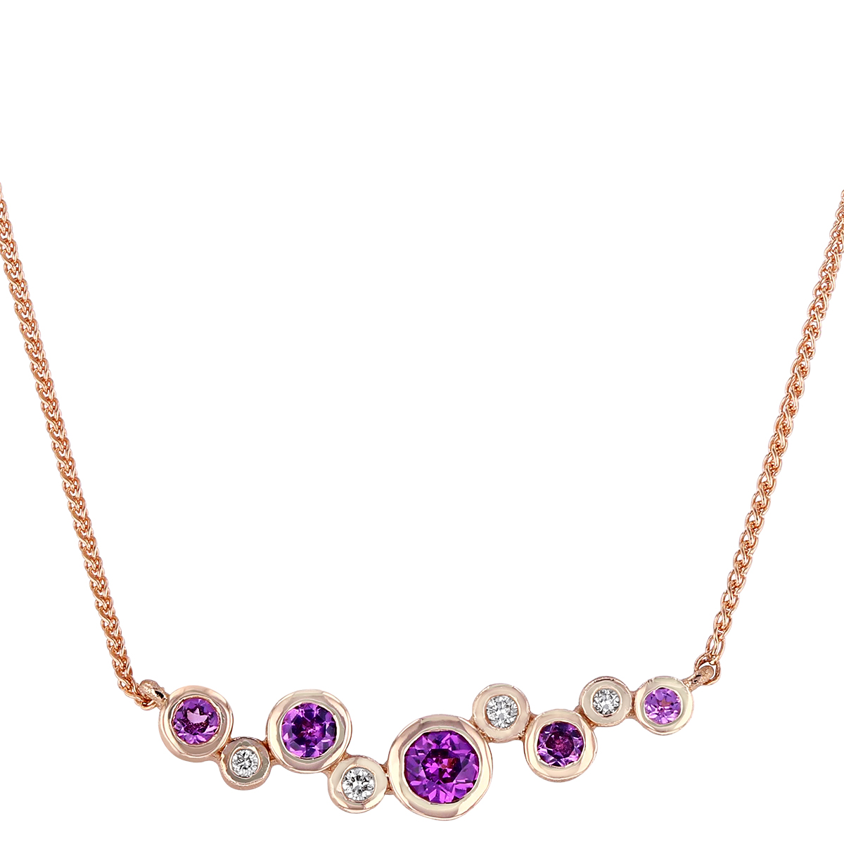Round Purple Garnet & Diamond Bezel Set Bubble Bar Necklace in Rose Gold, 18