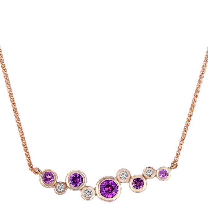 Round Purple Garnet & Diamond Bezel Set Bubble Bar Necklace in Rose Gold, 18"