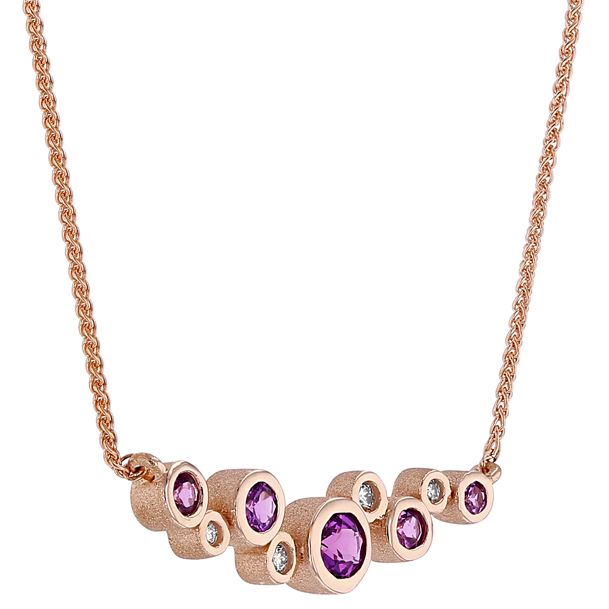 Round Purple Garnet & Diamond Bezel Set Bubble Bar Necklace in Rose Gold, 18