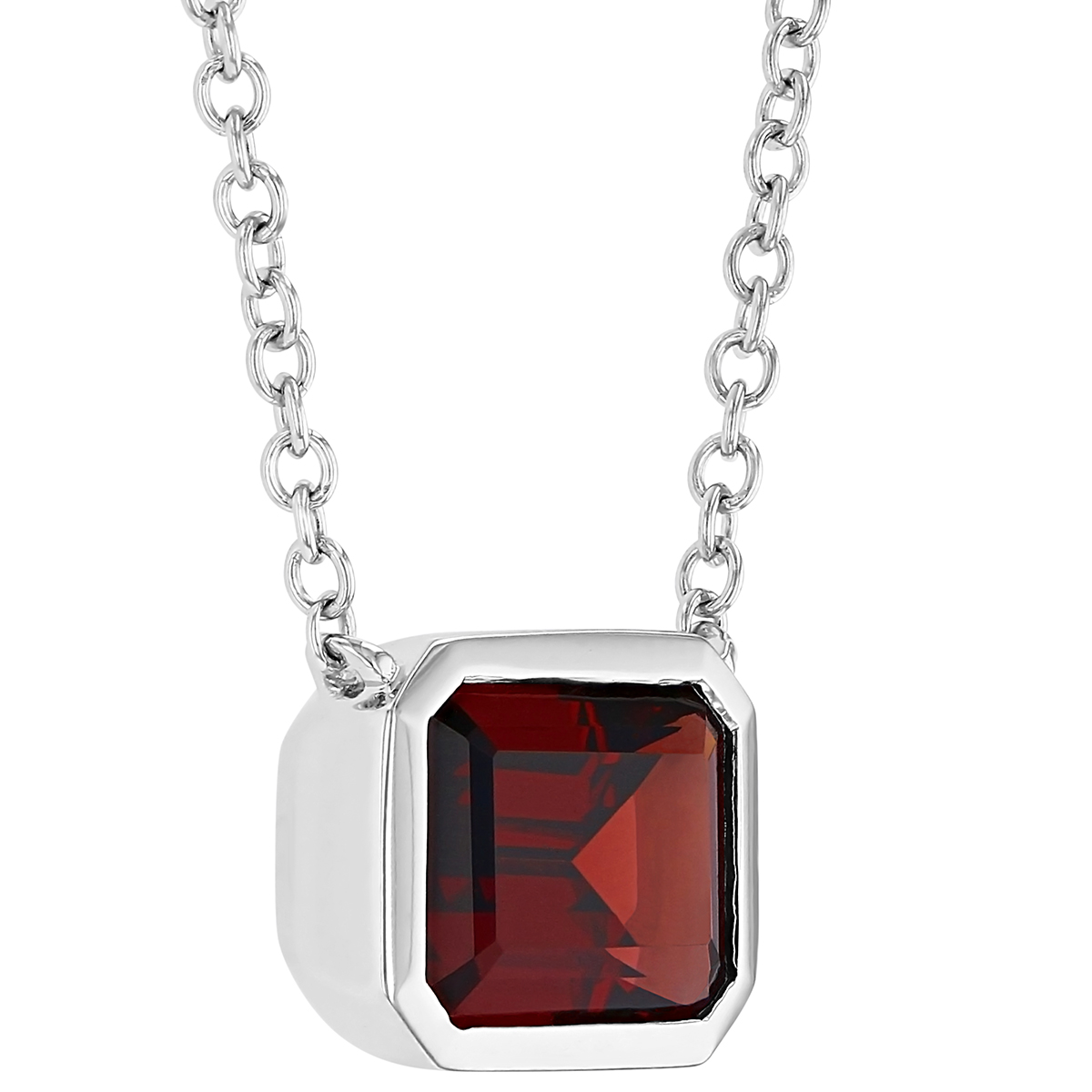 Emerald Cut Garnet Bezel Set Necklace in White Gold, 18