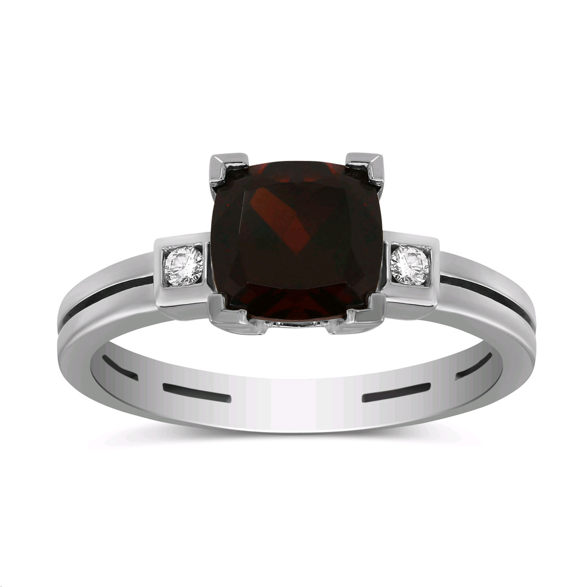 Cushion Garnet & Diamond 3 Stone Ring with Grooved Band in White Gold