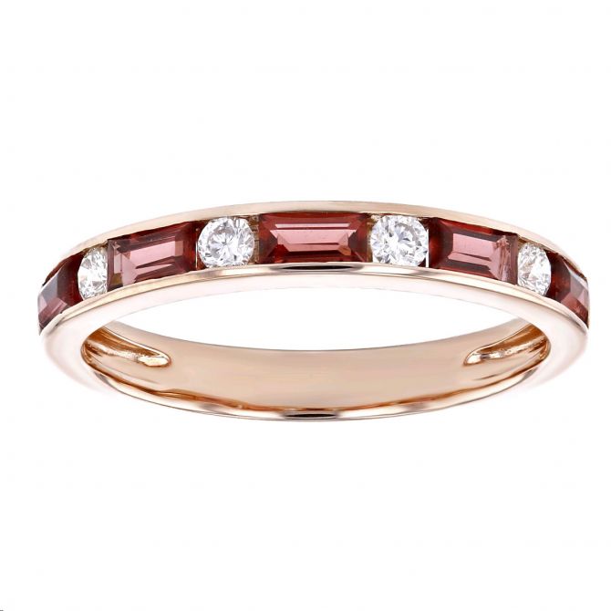Baguette Garnet & Round Diamond Alternating Channel Set Ring in Rose Gold