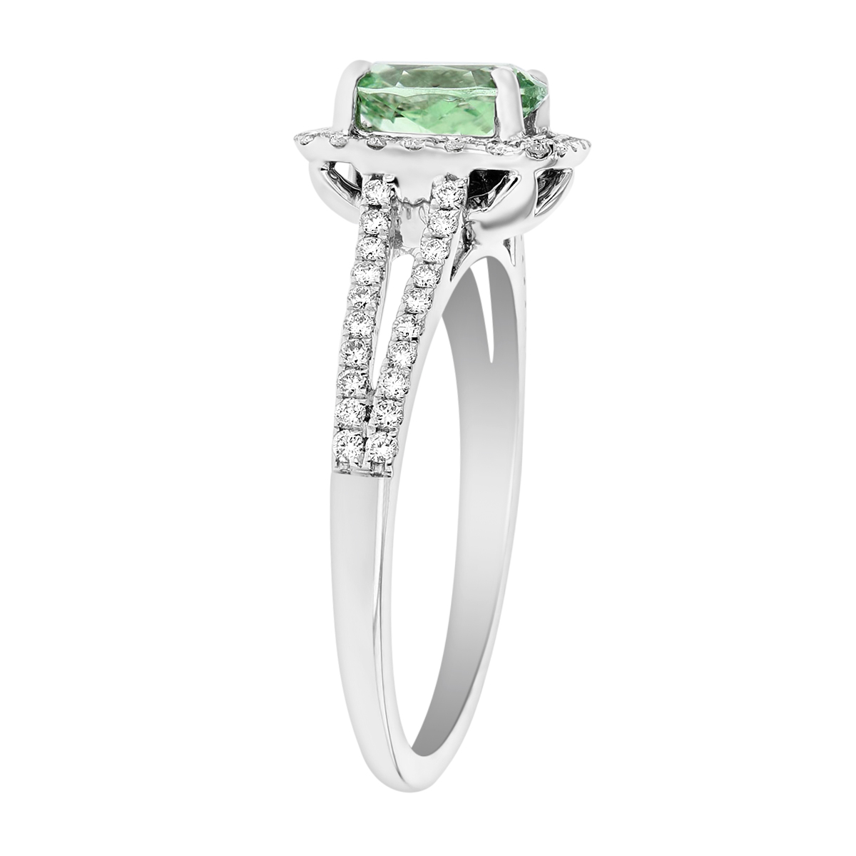 14K White Gold Oval Light Green Garnet Ring with Diamond Cushion Halo