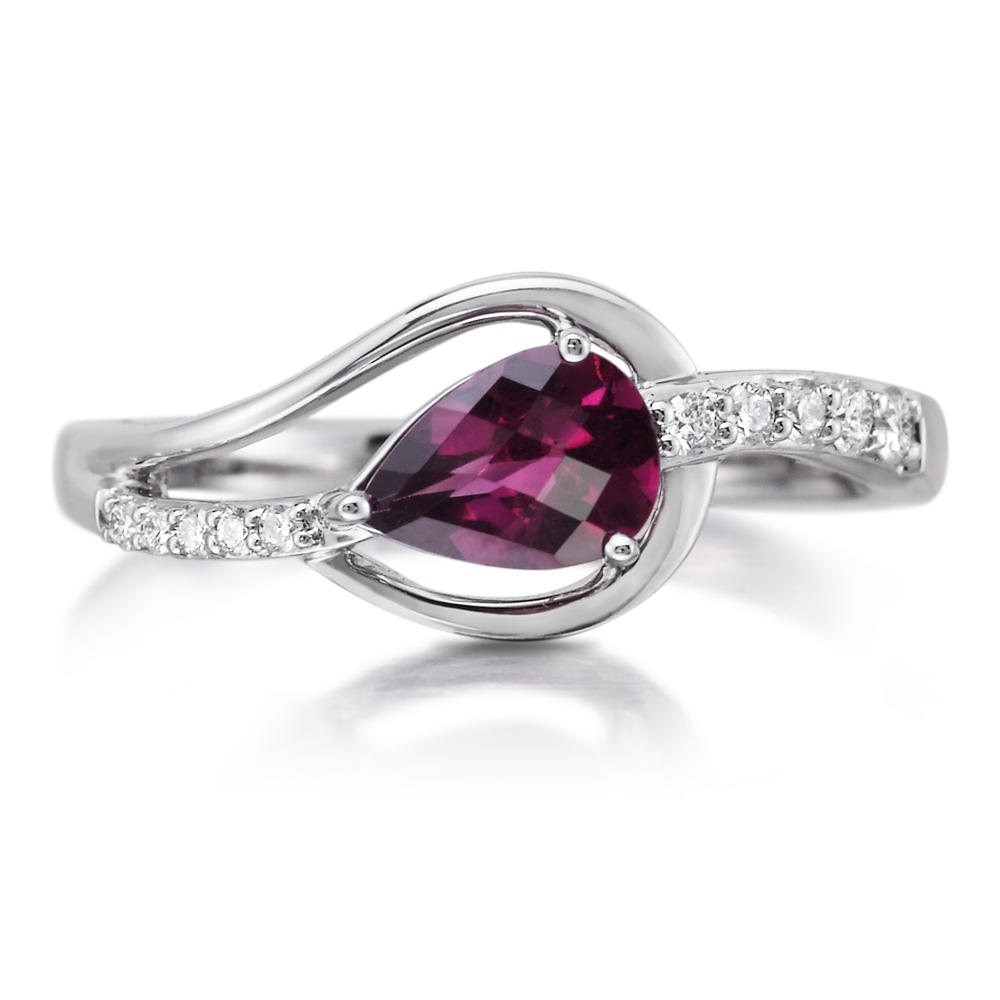 Pear Shaped Rhodolite Garnet & Diamond Open Teardrop Side Set Ring in White Gold