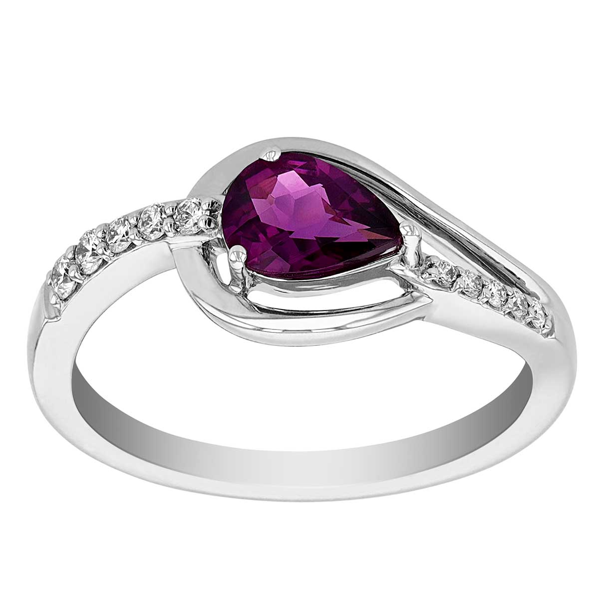 Pear Shaped Rhodolite & Diamond Open Teardrop Side Set Ring in