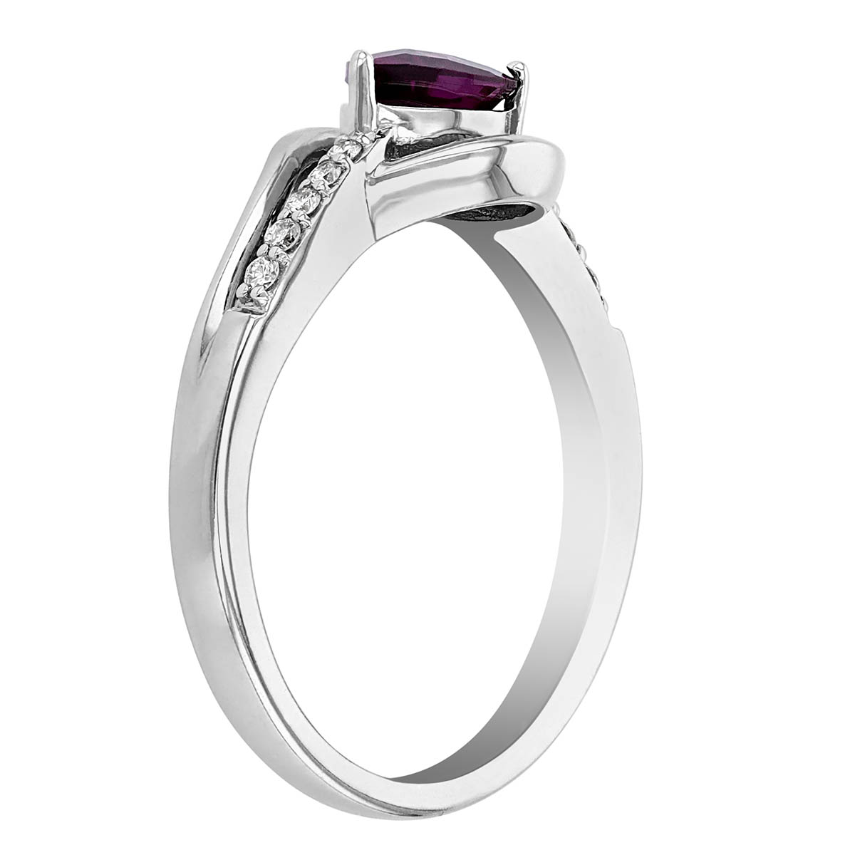 Pear Shaped Rhodolite Garnet & Diamond Open Teardrop Side Set Ring in White Gold