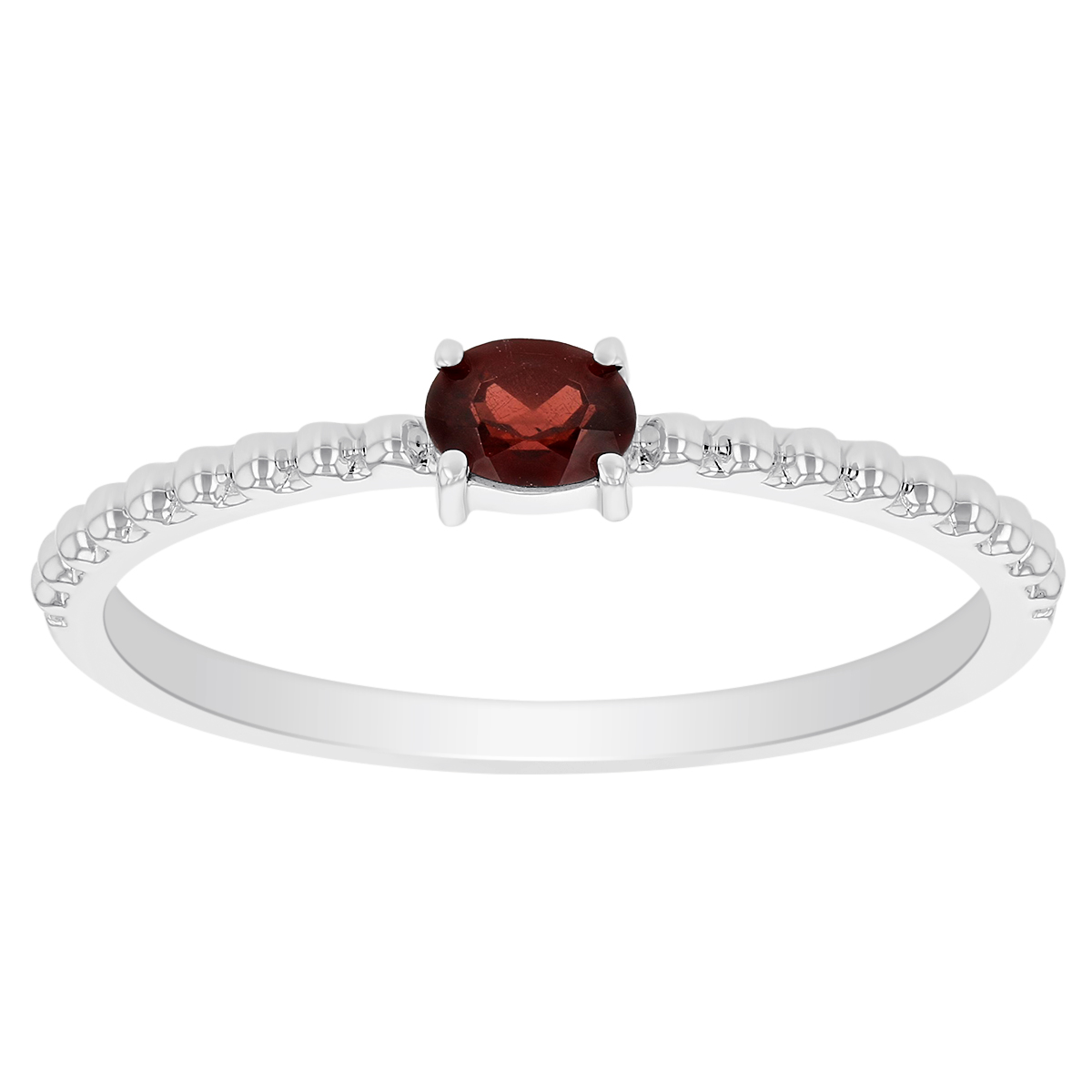 My Story 14K White Gold East-West Oval Garnet Ring with Beaded Shank