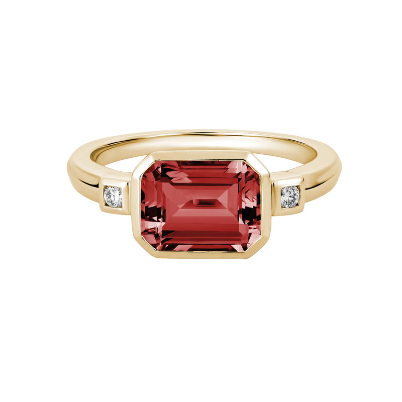 Emerald Cut Garnet & Diamond Side Stone Bezel Set 3 Stone Ring in Yellow Gold