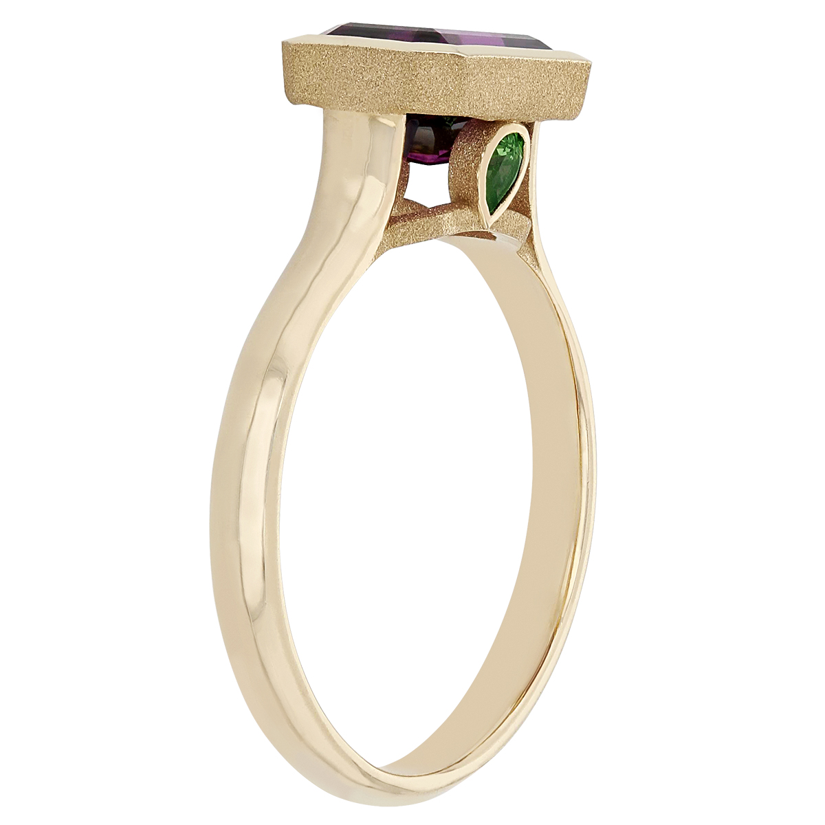 Emerald Cut Purple Garnet Bezel Set Ring with Tsavorite Garnet Peekaboo in Yellow Gold