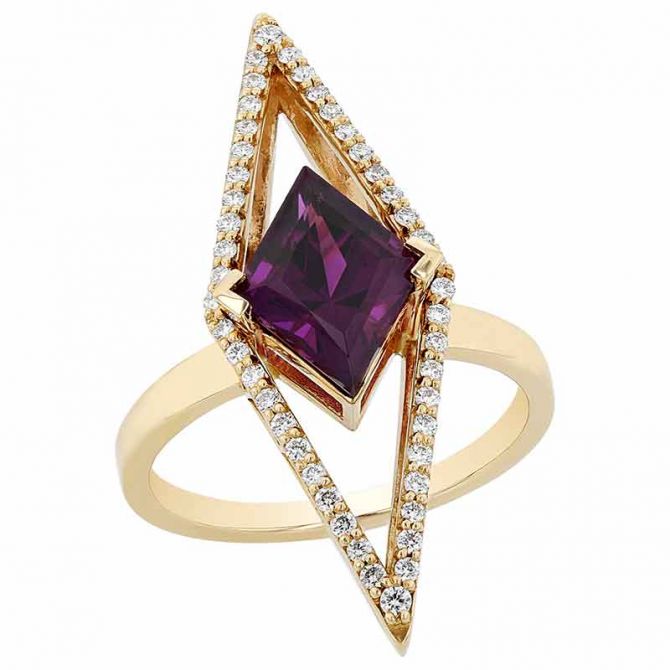 Kite Purple Garnet Ring with Elongated Diamond Open Frame in Yellow Gold