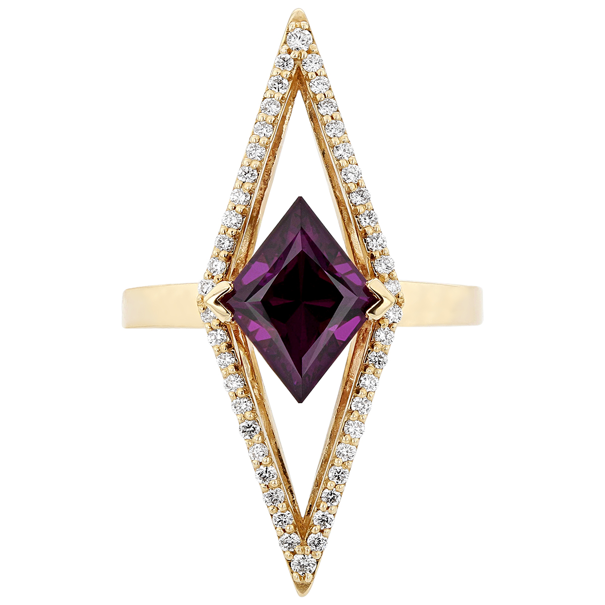 Kite Purple Garnet Ring with Elongated Diamond Open Frame in Yellow Gold