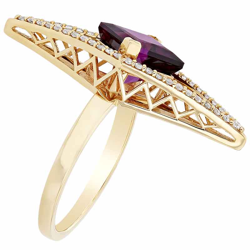 Kite Purple Garnet Ring with Elongated Diamond Open Frame in Yellow Gold