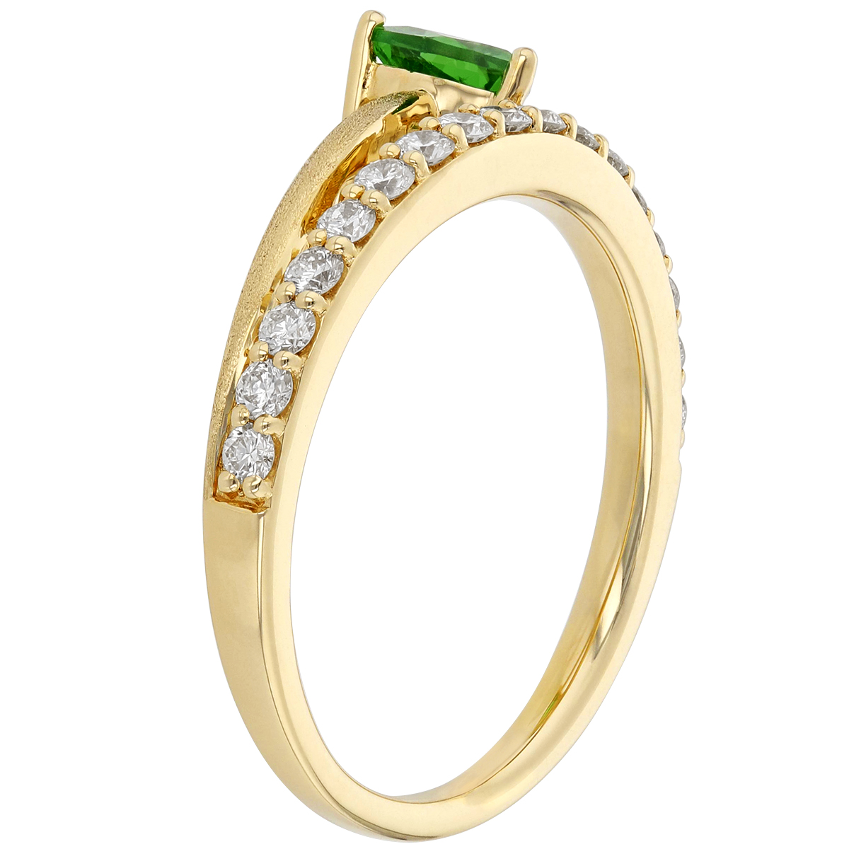 Trillion Tsavorite Garnet & Diamond Half Open Shank Ring in Yellow Gold