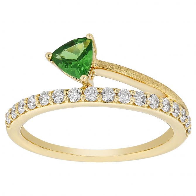 Trillion Tsavorite Garnet & Diamond Half Open Shank Ring in Yellow Gold