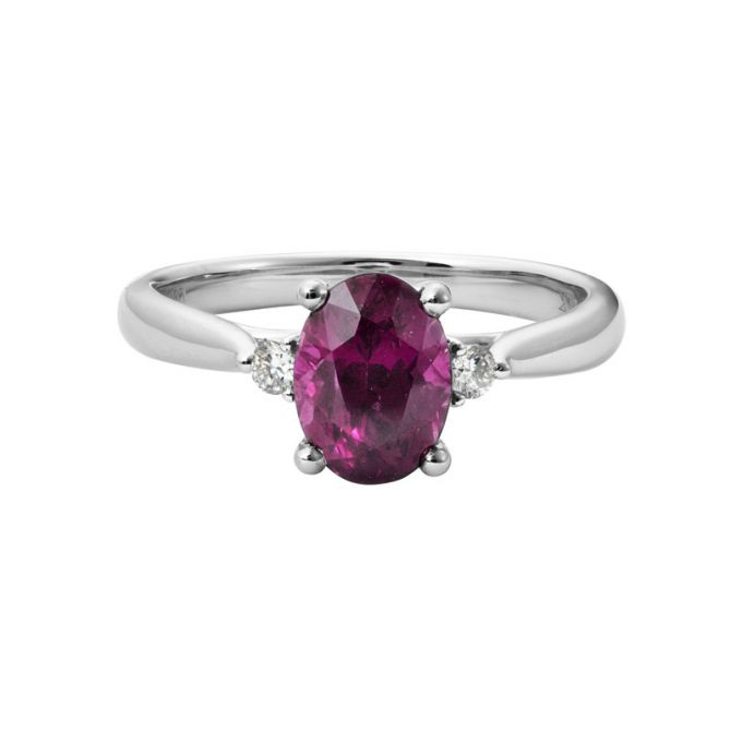 Oval Purple Garnet & Diamond 3 Stone Ring in White Gold