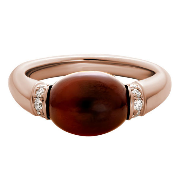 Oval Hessonite Garnet Cabochon Ring in Rose Gold with Diamond Rondelles