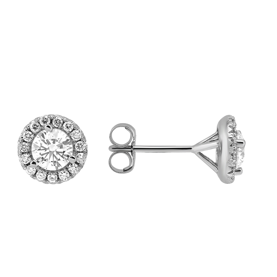 Halo Diamond Stud Earrings in White Gold, .65 cttw