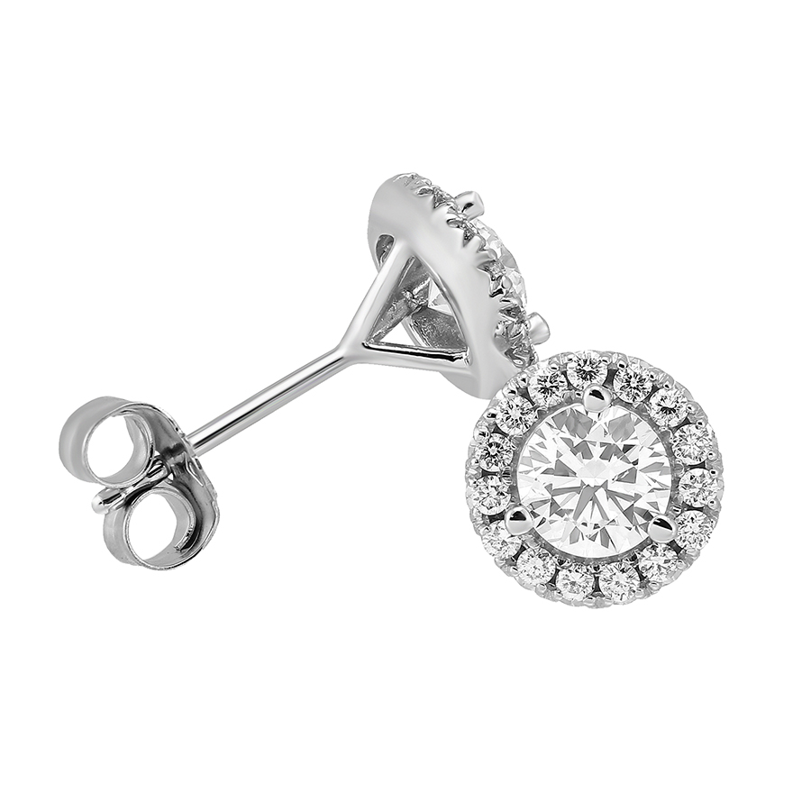 Halo Diamond Stud Earrings in White Gold, .65 cttw