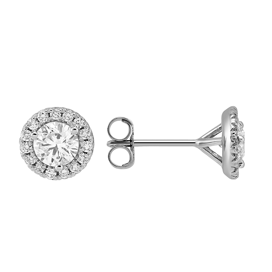 14K White Gold Halo Diamond Stud Earrings, 0.96cttw