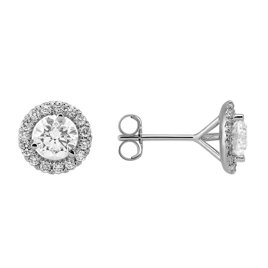 Halo Diamond Stud Earrings in White Gold, 1 cttw
