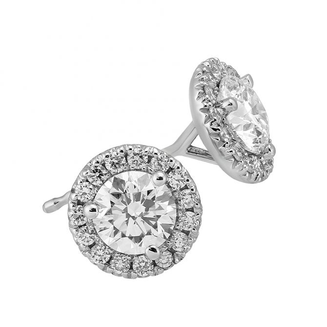Halo Diamond Stud Earrings in White Gold, .85 cttw