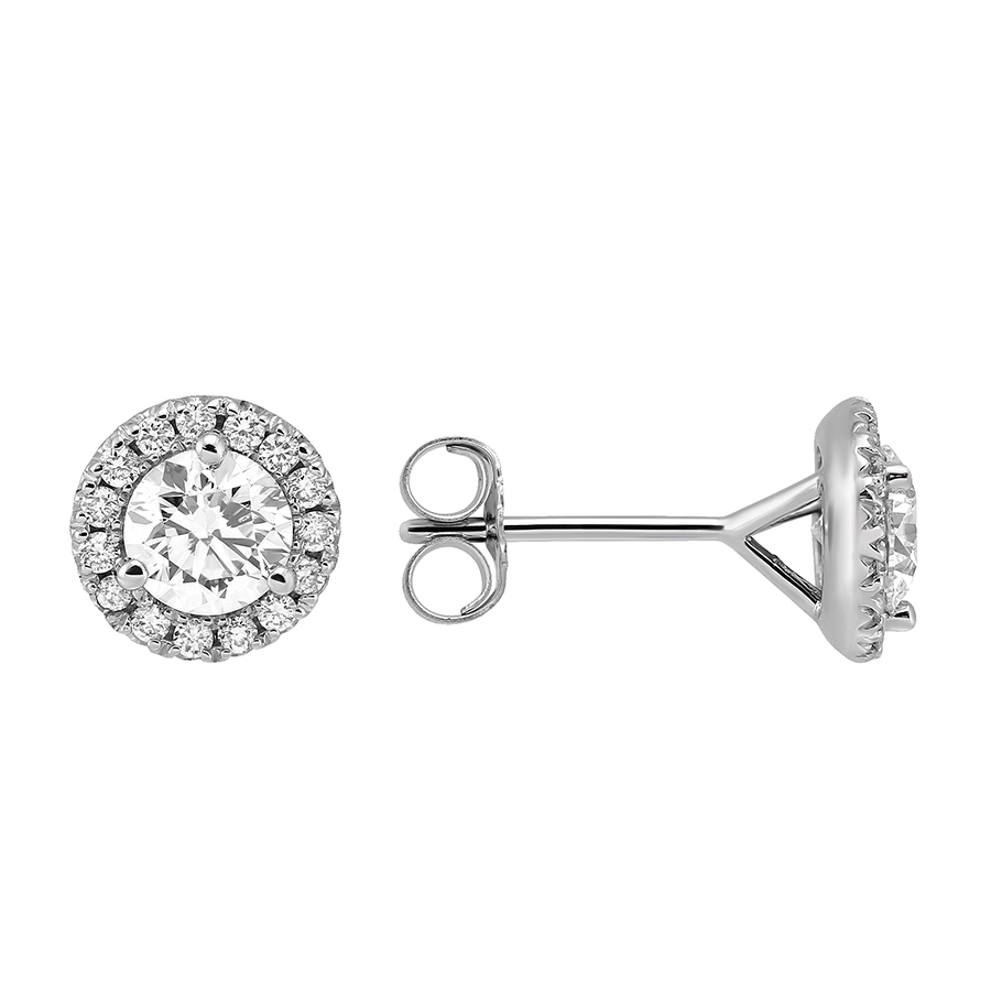 Halo Diamond Stud Earrings in White Gold, .85 cttw