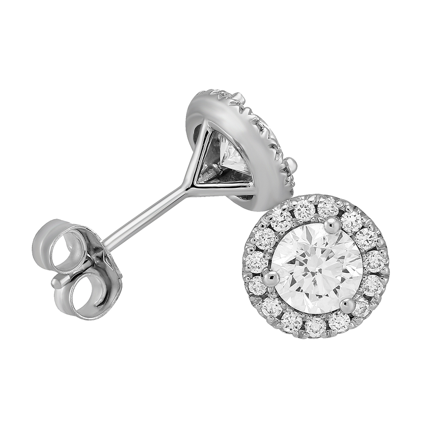 Halo Diamond Stud Earrings in White Gold, .85 cttw