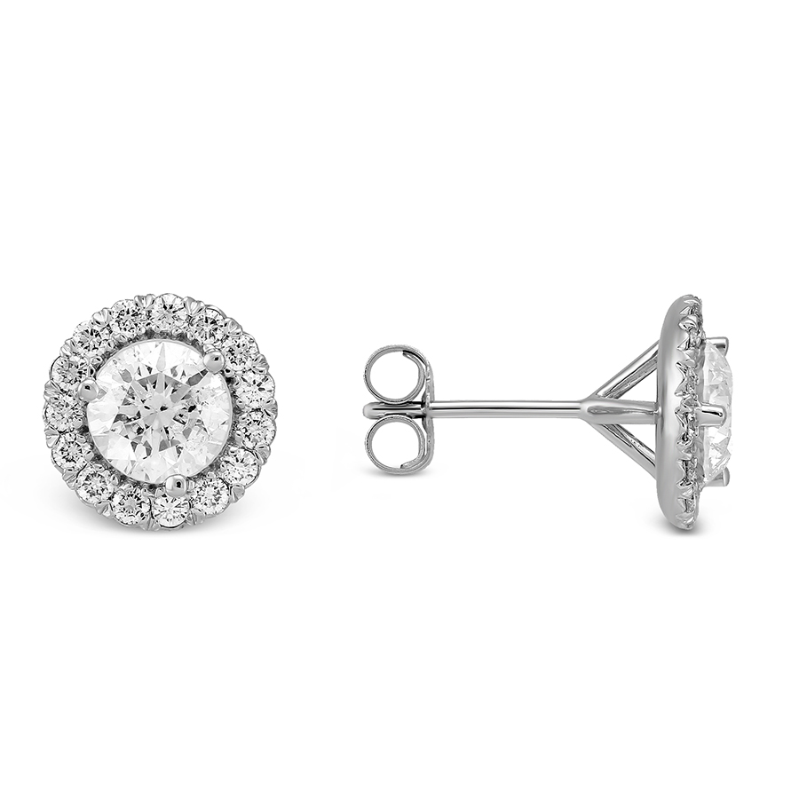 Halo Diamond Stud Earrings in White Gold, 1.50 cttw