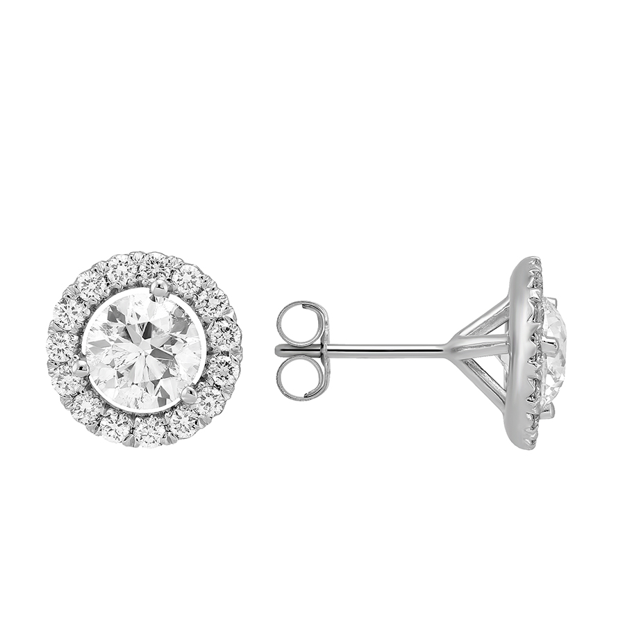 Halo Diamond Stud Earrings in White Gold, 1.75 cttw