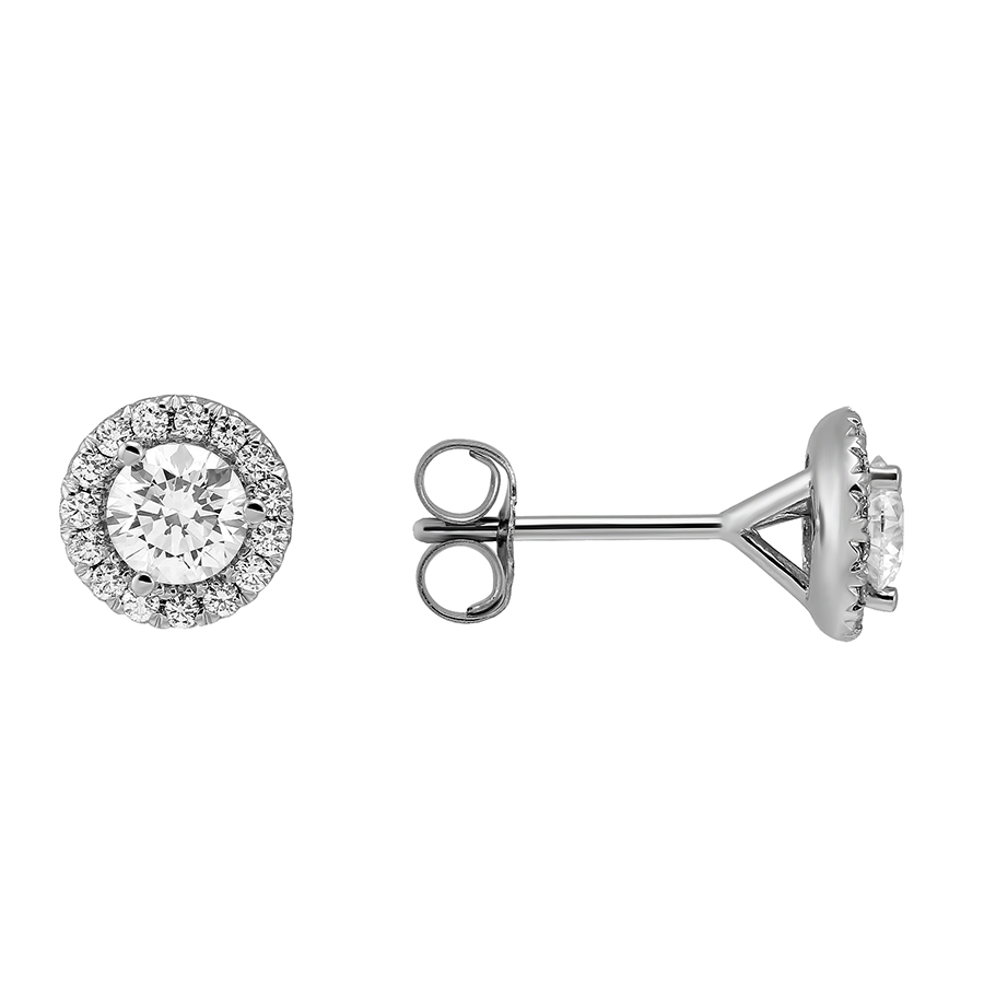 Halo Diamond Stud Earrings in White Gold, .50 cttw