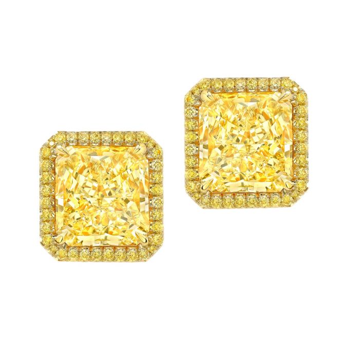 Rahaminov Radiant Cut Fancy Yellow Diamond & Halo Stud Earrings in Yellow Gold, 3.50 cttw