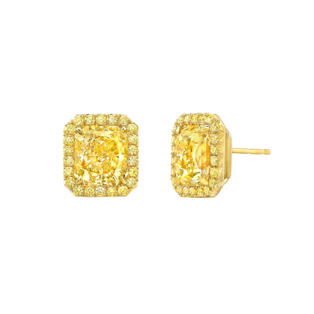 Rahaminov Cushion Cut Fancy Yellow Diamond & Halo Stud Earrings in Yellow Gold, 4.25 cttw